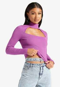 Purple Mock-Neck Cut Out Front Long Sleeve Casual Elegant Shirt Top Size Medium - Picture 1 of 4
