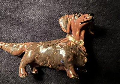 Broche Erwin Pearl Dachshund Esmalte Rojo/Marrón Pelo Largo Ojos Joyas, De Colección Foto 1 de 4