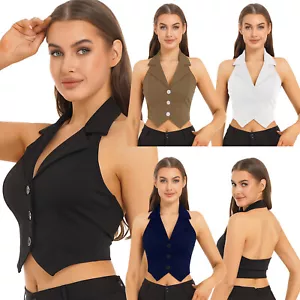 Women's V Neck Vest Lapel Halter Backless Button Down Pointed Hem Crop AU - Picture 1 of 53