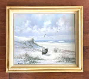 Signed Framed Winstin Oil Painting On Canvas Seascape Ocean Dunes Beach Rowboat - Picture 1 of 14
