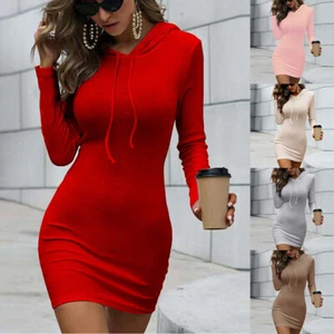 Women Hooded Dress Long Sleeve Solid Color Bodycon Short Pullover T-shirt Dress✨ - Picture 1 of 24