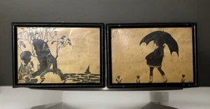 Painted Umbrella Girl Boy Sailboat Silhouette Framed Vintage 2 Piece Art - Picture 1 of 17