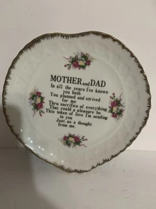 Vintage Mutter und Papa Hommage Teller Herzform Goldrand Blumen Sammler - Bild 1 von 5
