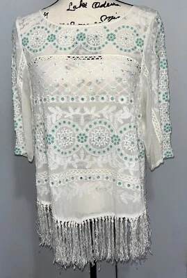 Blusa túnica Floreat Anthropologie algodón blanca verde menta bordada con flecos 8 Foto 1 de 4