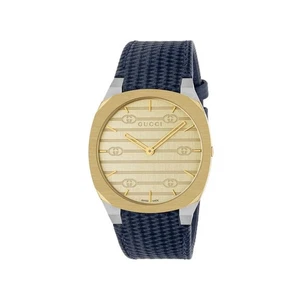 Reloj de cuarzo unisex Gucci 25H caja chapada en oro 18K cuero azul YA163418 - Imagen 1 de 3
