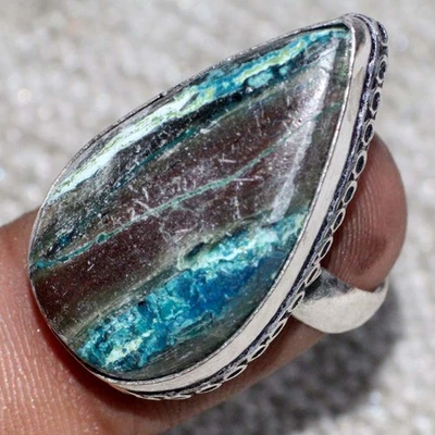 Chrysocolla 925 镀银宝石手工戒指 US 6 精致礼物 JW — 第 1/3 张图片