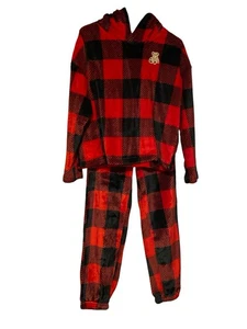 Joyspun Women Size S 4-6 Fleece 2 Pc Pajama Hoodie Pants Set Red Black Plaid EUC - Picture 1 of 10