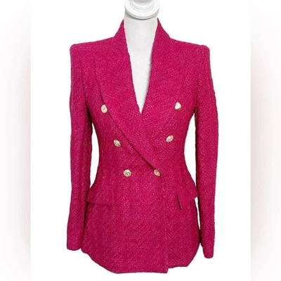NWD  Zara pink fuchsia tweed blazer Double Breasted 7553/457 M Gold Buttons READ - Image 1 of 4