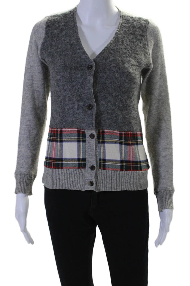 Maille Clu Womens Wool Gray Plaid V-Neck Long Sleeve Cardigan Sweater Top SizeXS - Image 1 of 4