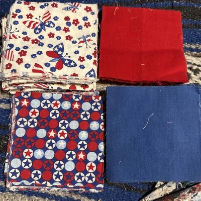 Red White Blue Cotton Fabric Squares 4 " X 4 " Lot Of 140 Rag Quilt - Image 1 of 4