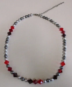 Beaded Necklace with Clasp - Single Strand - Crimson, Red & Grey - Elegant Style - Picture 1 of 9