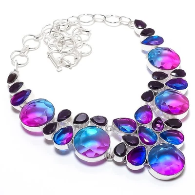 Bicolor Turmalina, Amatista Piedra Preciosa 925 Plata de Ley Joyería Collar - Imagen 1 de 4