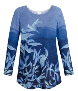 CHICOS-Flora & Fauna Sweater Blue Printed Linen Blend 3/4 Sleeve Sz 3-XL - Picture 1 of 13