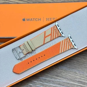 HERMES Apple Watch 41mm Orange/Beige Nylon Band Single Tour Twill Jump with Box - Photo 1 sur 7