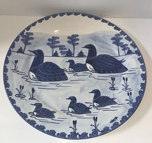 Vintage Chinese Porcelain Charger Signed Bird Blue and White Birds 15 3/4” - Picture 1 of 13