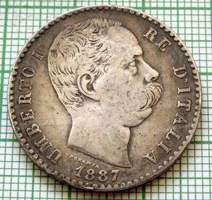 ITALY King UMBERTO I 1887 2 LIRE, SAVOIA COAT OF ARMS 0.835 SILVER - Picture 1 of 6