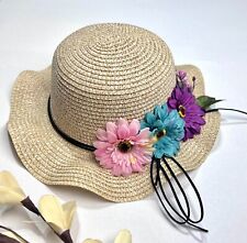Kids Children Girls Straw Hat with Flowers Wide Brim Summer Beach