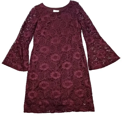 Signature by Robbie Bee Burgundy Lace Dress With Bell Sleeves. Women's Size Lg. - Image 1 of 4