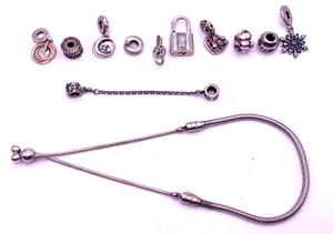 PANDORA Sterling Silver bracelet & charms lot some retired Pooh, Owl, Lock, Snow - Picture 1 of 12