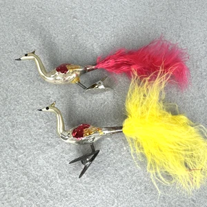 2 Vtg German Mercury Blown Glass Clip-on Peacock Bird Spun Glass Tail Ornament - Picture 1 of 7