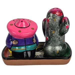 Handmade Mexican Mariachi & Cactus Salt Pepper Shaker Set Vibrant Folk Art Decor - Picture 1 of 23