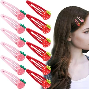 12 Pcs Strawberry Metal Snap Hair Clips Y2K Fruit Barrettes Red Dark Pink - Picture 1 of 6