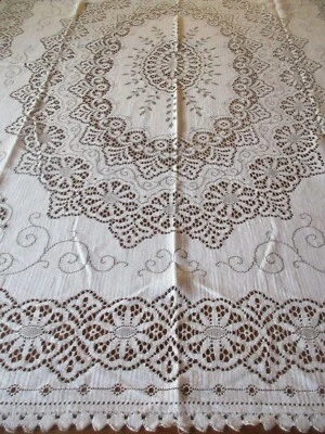 Nappe N°340 ou surnappe en dralon brodé beige marron 121 x 158 cm Bon état  - Photo 1/4