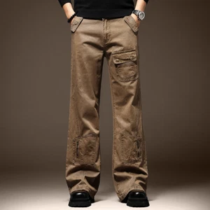 Retro Slim Workwear Casual Pants Men Winter Loose Multi-pocket Straigh Trousers - Picture 1 of 16