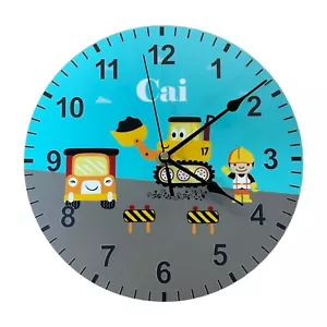 Construction/Digger Kids Clock - Personalised with Any Name-25cm Wall Clock - Picture 1 of 2