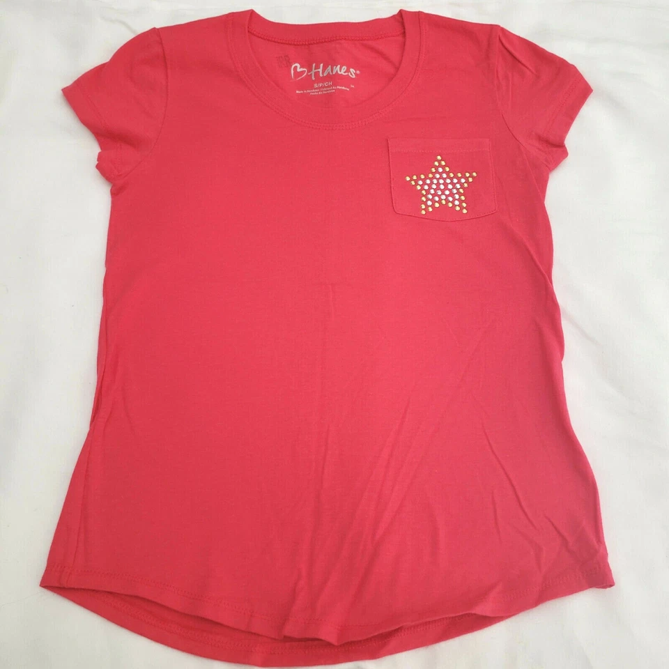 Camiseta Hanes Niñas Escuela Plateada Dorada Tachuelas Bolsillo Brillante XS/S/M/L/XL *ELIGE* Foto 1 de 2