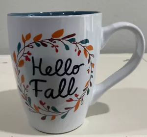 Hello Fall Botanical Leaves Wreath Teal Orange Burgundy Coffee Tea Cup Mug - Picture 1 of 7
