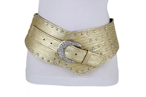 Women Western Gold Belt Wide Shiny Faux Leather Metallic Bling Rodeo Style S M - Picture 1 of 12