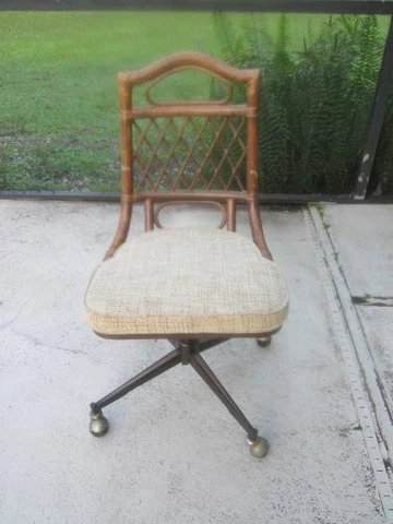 Vintage Dining Chair Bamboo Swivel Upholstered Seat On Casters Cover