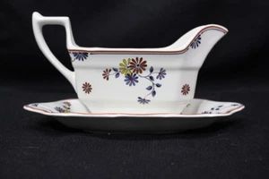 Vintage Adams China VERMONT Blue/Red/Yellow Floral GRAVY BOAT W/Attached Liner - Picture 1 of 10