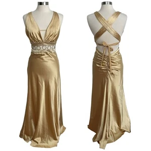 90s Y2K Vintage EUPHORIA Medium Gold Satin Floral Rhinestone Halter Prom Dress - Picture 1 of 12