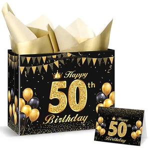 Black Gold 50th Birthday Gift Bag for Women with Happy 50th Birthday Greeting... - Picture 1 of 6