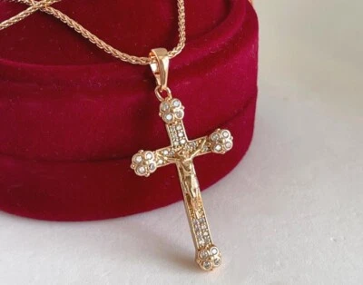 Luxus Halskette Kreuz Anhänger Zirkonia 750er Rolled Gold 18K vergoldet Geschenk - Bild 1 von 4