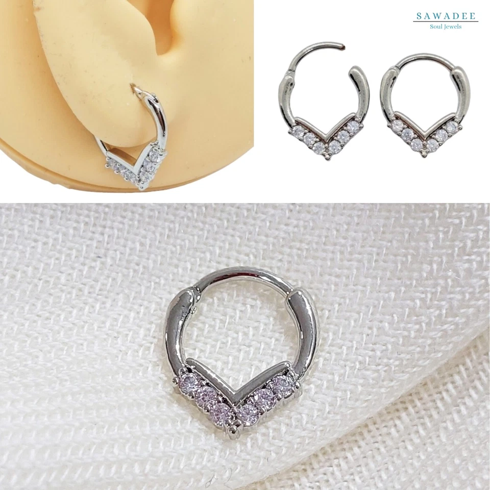 Orecchino cerchio clicker in acciaio inox uomo donna con zirconi bianchi argento - Immagine 1 di 4