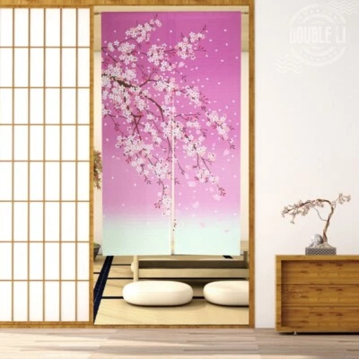 JAPANESE Noren Doorway Curtain Tapestry Pink Happy Cherry Blossoms Sakura Tree - Image 1 of 4