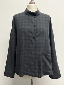 OSKA grey shirt check blouse pocket mandarin collar UK12/14 RRP £199 - Picture 1 of 8