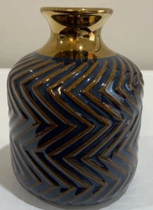 Vtg Ribbed Ceramic Abstract Pattern Blue Brown Metallic Gold Small Vase 4” H - Picture 1 of 7