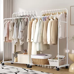 Thicken Metal Double Rail Clothes Hanging Rack Rolling Garment Rack Shoe Storage - Picture 1 of 11