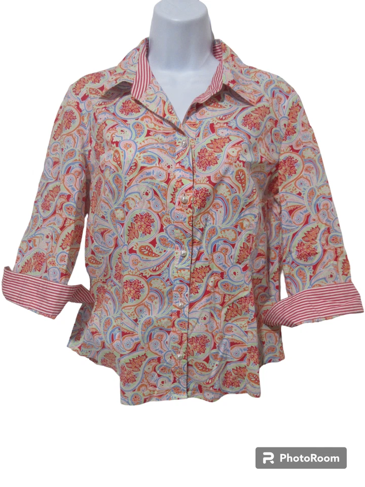 Sz 10 Harold's Paisley Blouse Pearl Button FLIP 3/4 SLEEVE Red Orange Top Cotton - Image 1 of 4