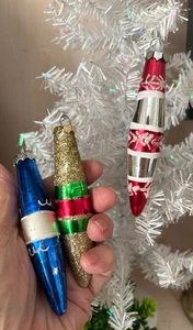 SET 3 MCM Vintage 4 Zoll rot blau Träne ORNAMENTE Weihnachten Quecksilber mundgeblasene Glas Eiszapfen - Bild 1 von 9