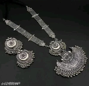 Garba Necklace German Silver Indian Adjustable Jewelry Festive Pendant Set - Picture 1 of 2