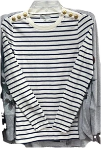 J. T-shirt Crew Perfect Fit bianca blu navy righe LS bottoni spalle oro taglia M - Foto 1 di 1