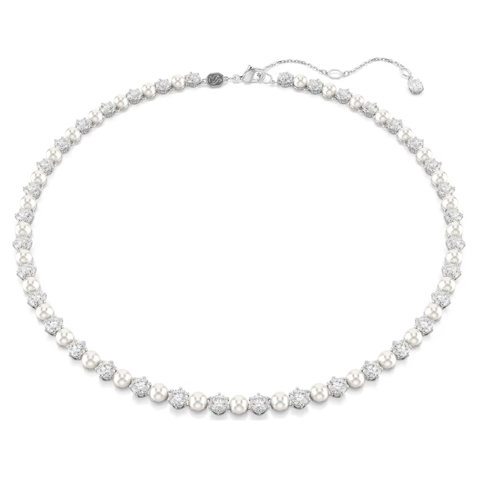 NWB Swarovski Matrix Tennis Necklace Crystal Pearl Rhodium Plated-5689623