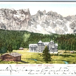 Tarjeta postal de los Dolomitas Karrersee Hotel Latemar de la década de 1960 Alpine Lodge Mountain A375 - Imagen 1 de 3