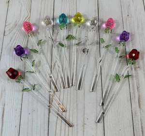 1 12" Glass Spring Rose Flower with Green Leave, Set Of 10 Multicolored Roses - Picture 1 of 12