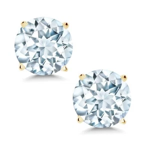 14K Yellow Gold Sky Blue Aquamarine Stud Earrings For Women (1.50 Ct Round 6MM) - Picture 1 of 6